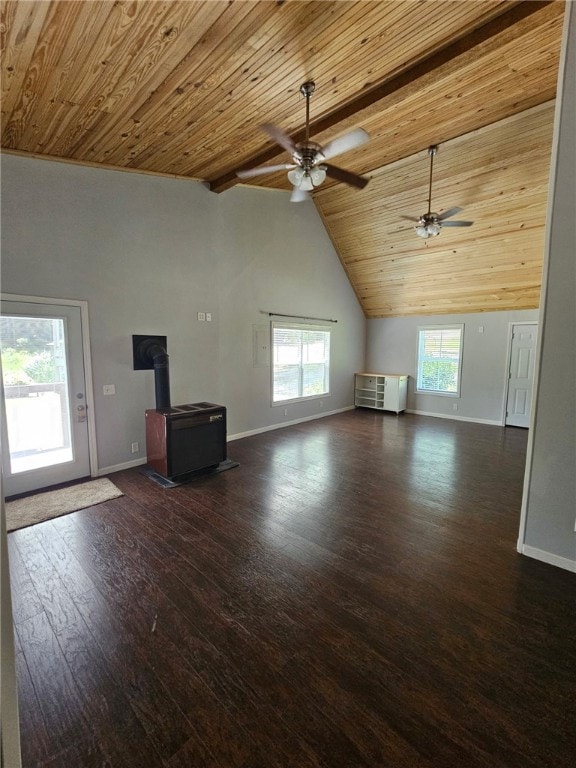 3139 Madison Unit 2405, Huntsville, AR 72740 - unfurnished living room with a wood stove, wooden ceiling, ceiling fan, and wood finished floors