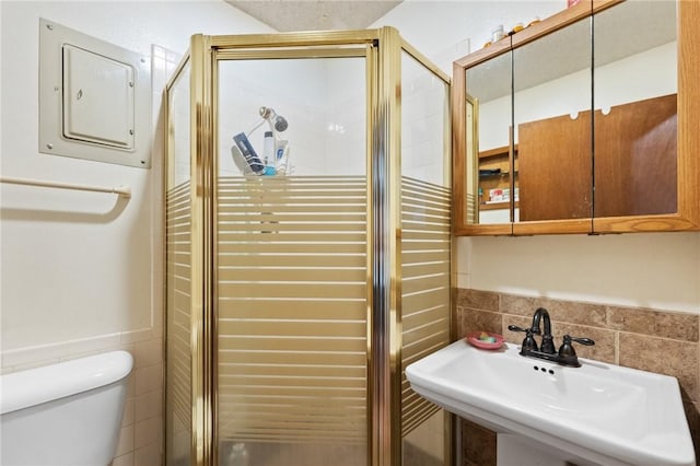 7 Ipswich Dr, Bella Vista, AR 72714 - full bathroom featuring tile walls, a sink, toilet, a stall shower, and electric panel