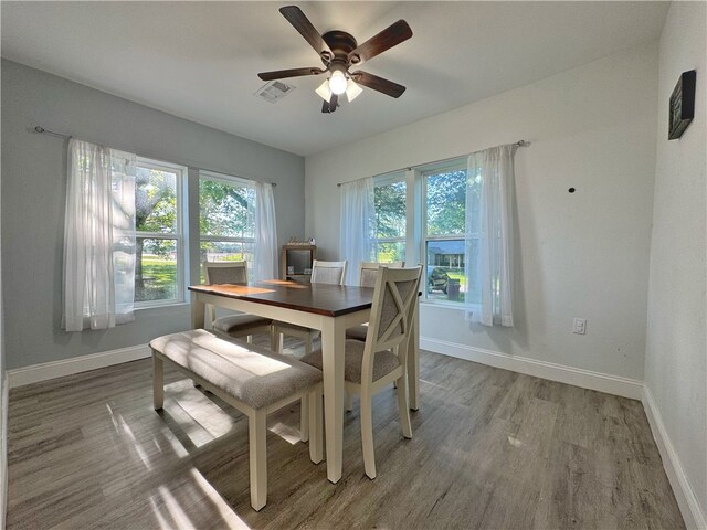 1105 Gibson St, Ozark, AR 72949 - dining area with baseboards, light wood-style flooring, and ceiling fan