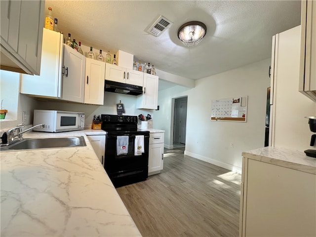 1105 Gibson St, Ozark, AR 72949 - kitchen with black electric range, white microwave, a sink, under cabinet range hood, and light wood finished floors