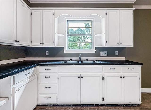 403 N Arch Ave, Green Forest, AR 72638 - kitchen featuring open shelves, a sink, white cabinetry, dark countertops, and ornamental molding