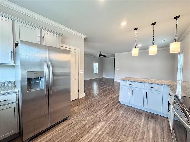 903 NE Heights Ln, Bentonville, AR 72712 - kitchen with appliances with stainless steel finishes, crown molding, wood finished floors, ceiling fan, and light stone countertops