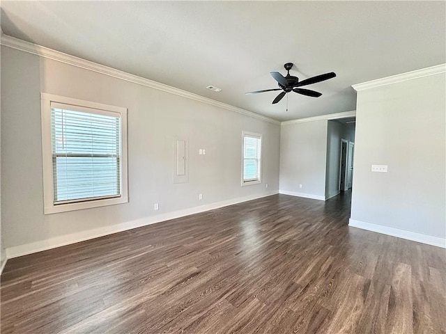 903 NE Heights Ln, Bentonville, AR 72712 - spare room featuring dark wood-type flooring, ornamental molding, ceiling fan, and baseboards