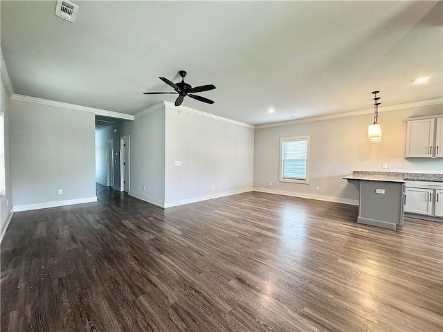 903 NE Heights Ln, Bentonville, AR 72712 - unfurnished living room with ceiling fan, dark wood finished floors, baseboards, crown molding, and recessed lighting