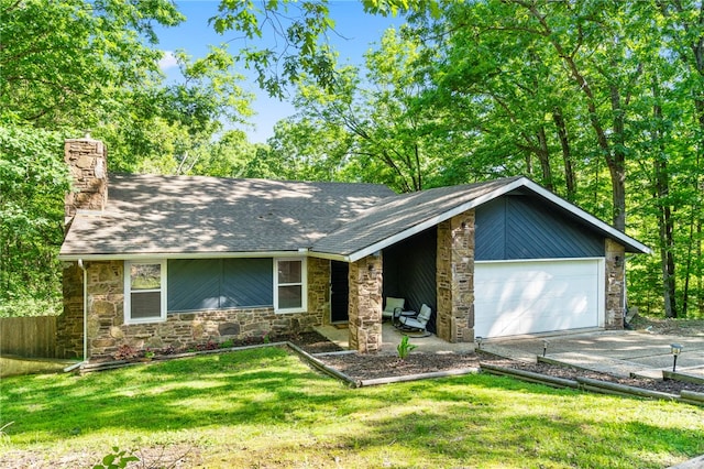 2 Perry Ln, Bella Vista, AR 72715 - view of front of property featuring stone siding, a chimney, concrete driveway, and roof with shingles