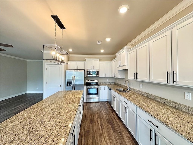 837 NE Heights Ln, Bentonville, AR 72712 - kitchen with stainless steel appliances, a sink, dark wood finished floors, white cabinetry, and light stone counters