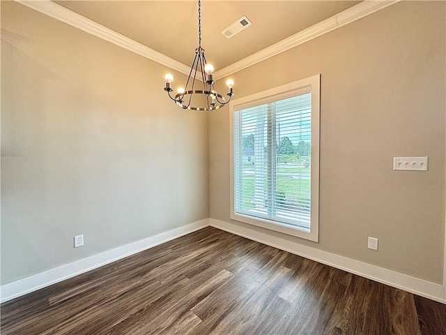 837 NE Heights Ln, Bentonville, AR 72712 - spare room with a chandelier, ornamental molding, baseboards, and dark wood-style flooring