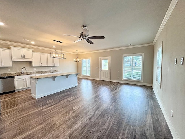 837 NE Heights Ln, Bentonville, AR 72712 - kitchen with dishwasher, ornamental molding, a chandelier, a kitchen breakfast bar, and dark wood-type flooring