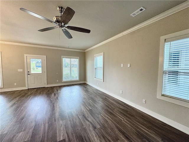 837 NE Heights Ln, Bentonville, AR 72712 - unfurnished room featuring crown molding, dark wood-style flooring, baseboards, and a ceiling fan
