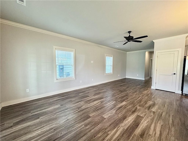 833 NE Heights Ln, Bentonville, AR 72712 - empty room featuring dark wood finished floors, crown molding, baseboards, and a ceiling fan