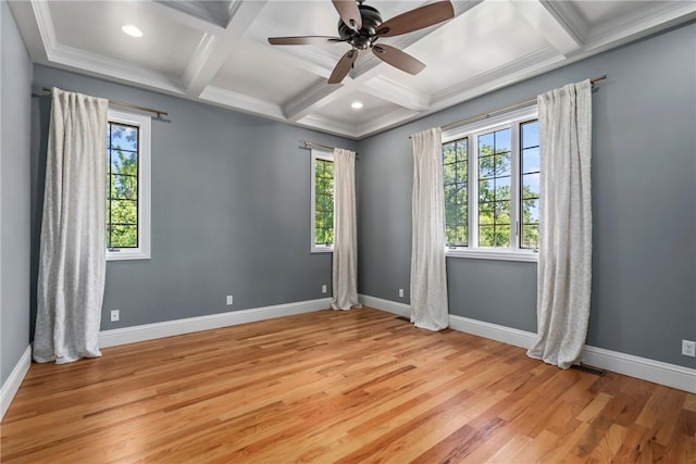 15071 Crossover Rd, Gravette, AR 72736 - unfurnished room featuring light wood finished floors, coffered ceiling, baseboards, beam ceiling, and ceiling fan