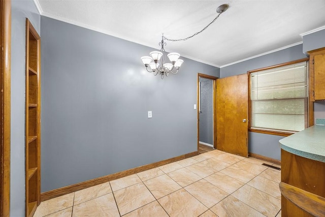 713 Young St, Springdale, AR 72764 - unfurnished dining area with a chandelier, crown molding, baseboards, and light tile patterned flooring