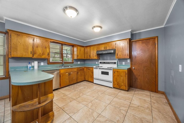 713 Young St, Springdale, AR 72764 - kitchen featuring white range with electric stovetop, stainless steel dishwasher, under cabinet range hood, brown cabinetry, and a peninsula