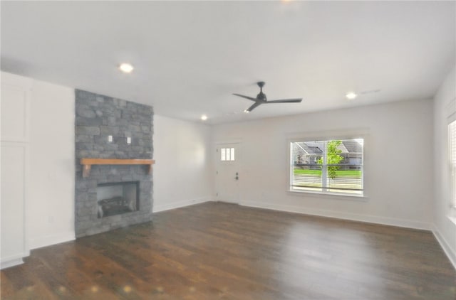 4545 Gibson St, Springdale, AR 72762 - unfurnished living room with wood finished floors, ceiling fan, a fireplace, recessed lighting, and baseboards