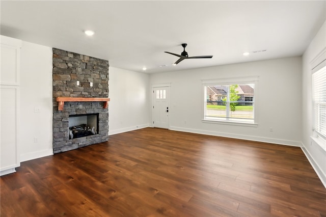 4545 Gibson St, Springdale, AR 72762 - unfurnished living room with a ceiling fan, wood finished floors, a fireplace, baseboards, and recessed lighting