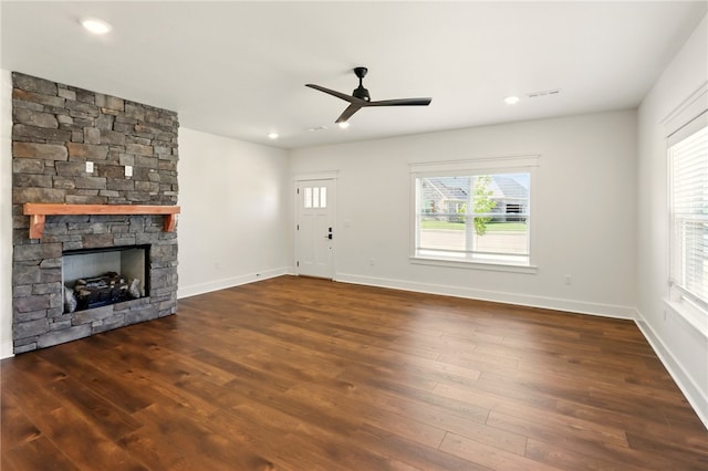 4545 Gibson St, Springdale, AR 72762 - unfurnished living room featuring a ceiling fan, wood finished floors, a fireplace, baseboards, and recessed lighting
