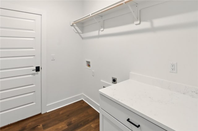 4545 Gibson St, Springdale, AR 72762 - laundry room featuring hookup for an electric dryer, hookup for a washing machine, dark wood-style floors, baseboards, and cabinet space