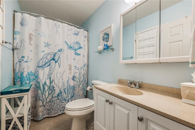 14 Jordan Ln, Bentonville, AR 72712 - bathroom with a textured ceiling, vanity, toilet, tile patterned flooring, and a shower with shower curtain