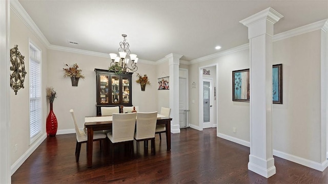 1051 Thornridge Rd, Bentonville, AR 72713 - dining space with ornate columns, dark wood-style flooring, crown molding, baseboards, and a chandelier