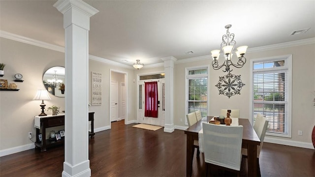 1051 Thornridge Rd, Bentonville, AR 72713 - dining space with a chandelier, ornate columns, dark wood-type flooring, ornamental molding, and baseboards