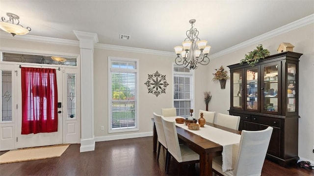 1051 Thornridge Rd, Bentonville, AR 72713 - dining space featuring crown molding, dark wood-style floors, baseboards, and a chandelier