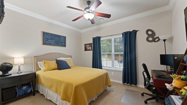 1051 Thornridge Rd, Bentonville, AR 72713 - bedroom with light colored carpet, crown molding, an office area, ceiling fan, and baseboards