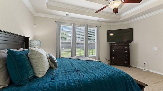 1051 Thornridge Rd, Bentonville, AR 72713 - bedroom featuring a tray ceiling, carpet, ornamental molding, baseboards, and ceiling fan