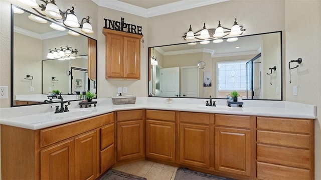 1051 Thornridge Rd, Bentonville, AR 72713 - full bath featuring crown molding, double vanity, tile patterned flooring, and a chandelier