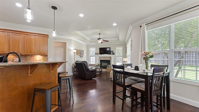 1051 Thornridge Rd, Bentonville, AR 72713 - dining space featuring ceiling fan, a fireplace, dark wood finished floors, a tray ceiling, and recessed lighting