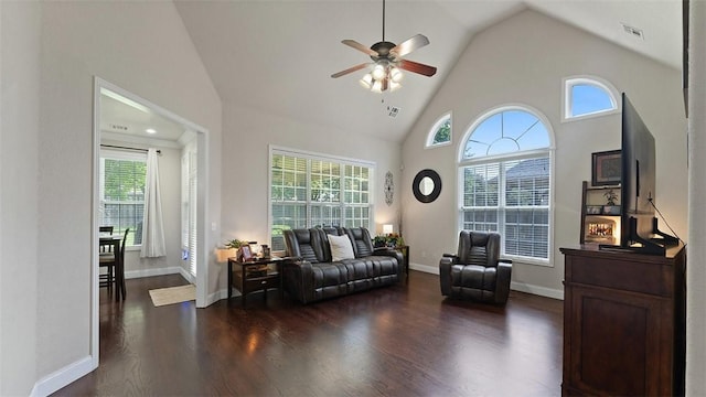 1051 Thornridge Rd, Bentonville, AR 72713 - living room featuring wood finished floors, a ceiling fan, high vaulted ceiling, and baseboards