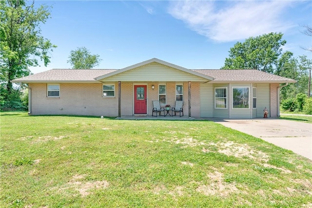 1630 S Dixieland Rd, Rogers, AR 72758 - ranch-style house featuring a porch, a front lawn, brick siding, and concrete driveway