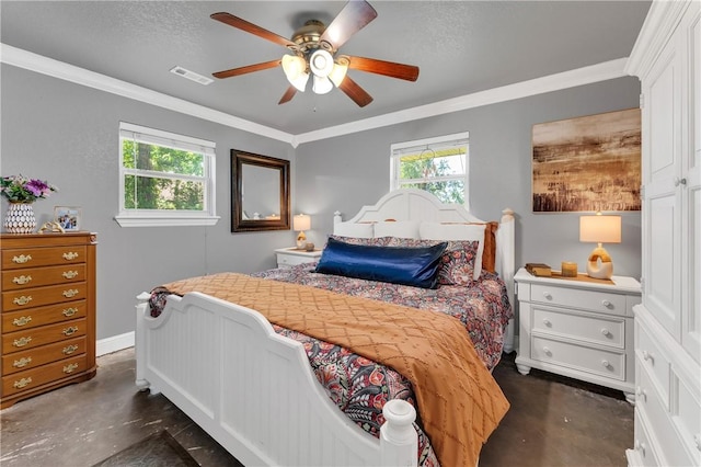 1630 S Dixieland Rd, Rogers, AR 72758 - bedroom featuring finished concrete floors, ornamental molding, a ceiling fan, and baseboards
