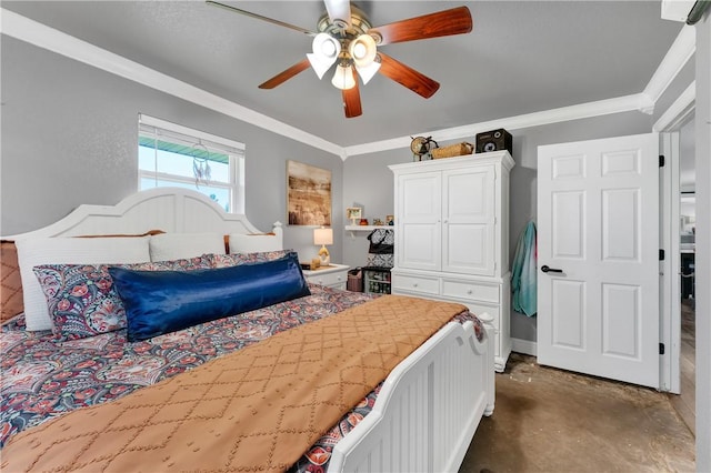 1630 S Dixieland Rd, Rogers, AR 72758 - bedroom featuring crown molding, a ceiling fan, and concrete floors