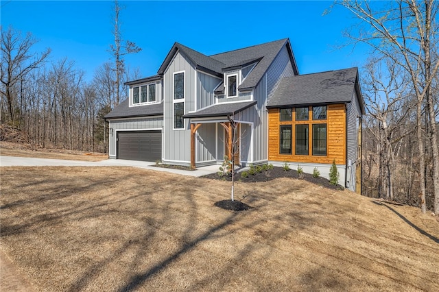 10 Rushden Ln, Bella Vista, AR 72714 - modern farmhouse style home featuring a garage, roof with shingles, concrete driveway, and board and batten siding