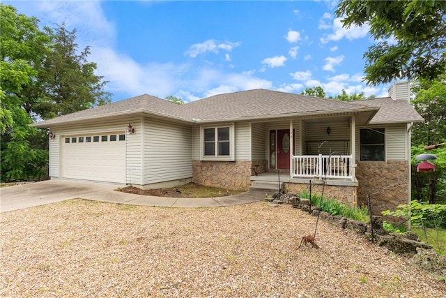 74 Twin Peak Dr, Holiday Island, AR 72631 - single story home with covered porch, a garage, driveway, stone siding, and a chimney