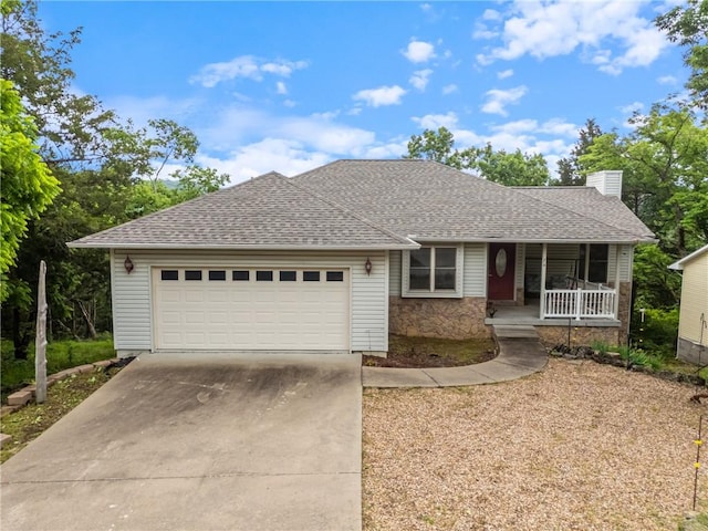 74 Twin Peak Dr, Holiday Island, AR 72631 - single story home with covered porch, driveway, a garage, and a shingled roof