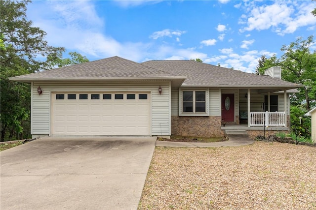74 Twin Peak Dr, Holiday Island, AR 72631 - ranch-style home featuring covered porch, driveway, a chimney, an attached garage, and stone siding