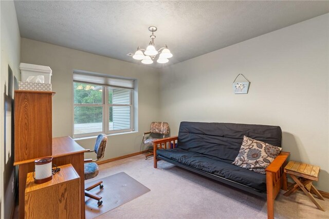 74 Twin Peak Dr, Holiday Island, AR 72631 - office area featuring a chandelier, light carpet, baseboards, and a textured ceiling