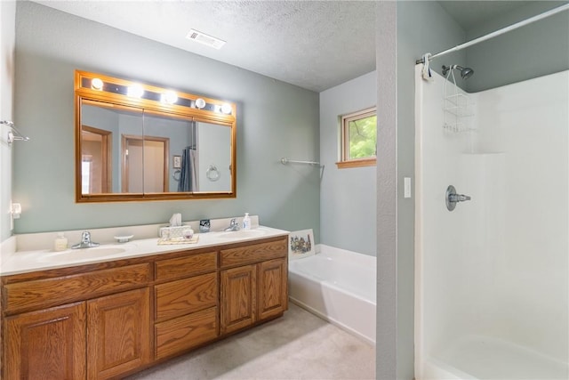 74 Twin Peak Dr, Holiday Island, AR 72631 - full bath with a shower with curtain, double vanity, a bath, and a textured ceiling
