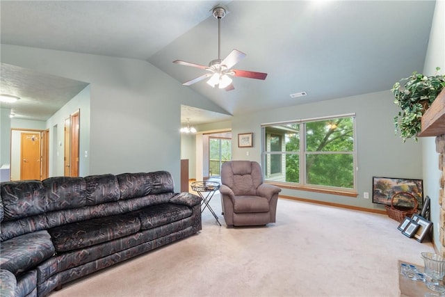 74 Twin Peak Dr, Holiday Island, AR 72631 - living room featuring carpet floors, vaulted ceiling, ceiling fan, and a chandelier