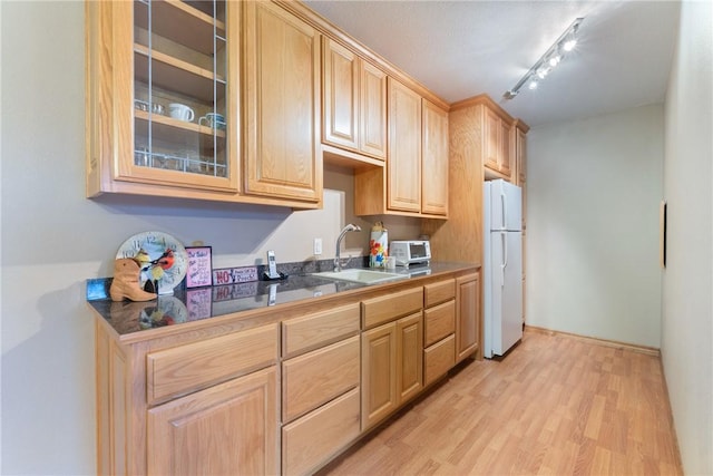 74 Twin Peak Dr, Holiday Island, AR 72631 - kitchen featuring freestanding refrigerator, a sink, light wood-type flooring, glass insert cabinets, and light brown cabinets