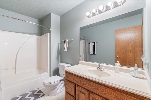 74 Twin Peak Dr, Holiday Island, AR 72631 - bathroom with vanity, a textured ceiling, toilet, shower / tub combo, and tile patterned floors