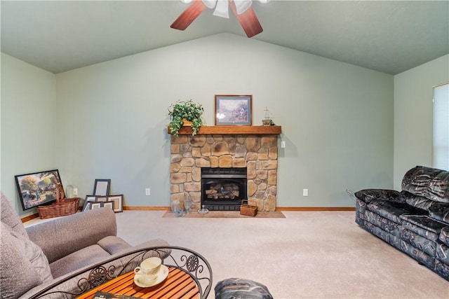 74 Twin Peak Dr, Holiday Island, AR 72631 - carpeted living area with ceiling fan, vaulted ceiling, baseboards, and a fireplace