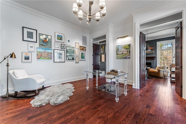 10760 Sugar Creek Rd, Bentonville, AR 72751 - office area featuring baseboards, a chandelier, wood finished floors, crown molding, and a fireplace
