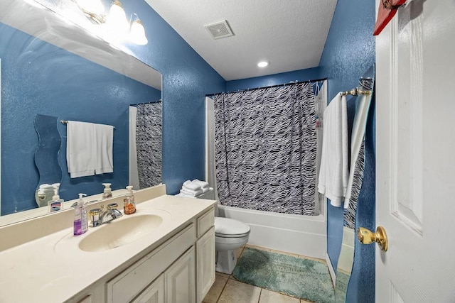 2977 Quartz Dr, Fayetteville, AR 72704 - full bathroom with vanity, toilet, shower / bathtub combination with curtain, a textured ceiling, and tile patterned flooring
