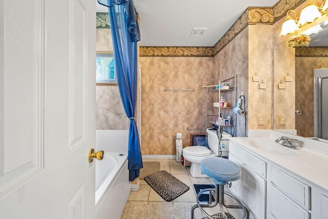 2977 Quartz Dr, Fayetteville, AR 72704 - bathroom featuring tile patterned floors, shower / tub combo, vanity, and toilet
