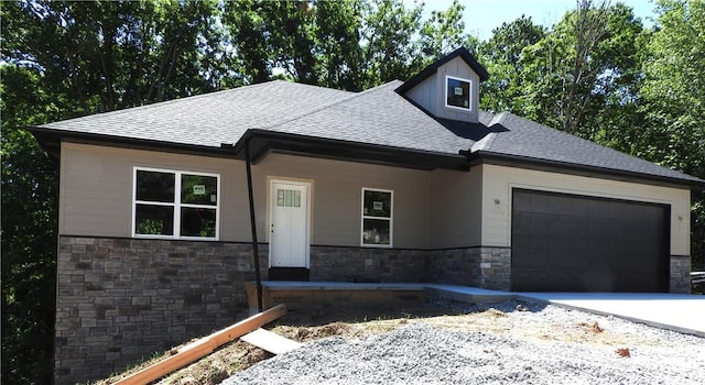 6 Marionet Cir, Bella Vista, AR 72714 - view of front of property featuring stone siding, roof with shingles, a garage, and driveway