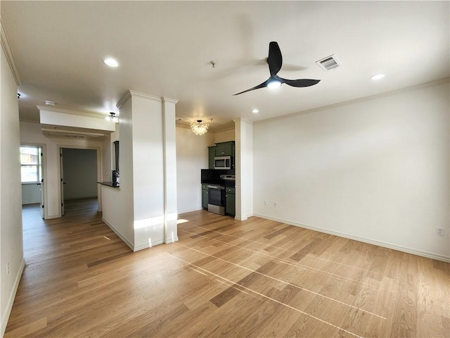 1115 N Leverett Ave Unit 102, Fayetteville, AR 72703 - unfurnished living room with crown molding, ceiling fan, baseboards, recessed lighting, and light wood-style floors