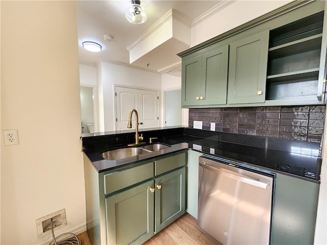 1115 N Leverett Ave Unit 102, Fayetteville, AR 72703 - kitchen with dishwasher, green cabinetry, a sink, decorative backsplash, and crown molding