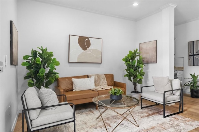 1115 N Leverett Ave Unit 102, Fayetteville, AR 72703 - living area featuring ornamental molding, wood finished floors, recessed lighting, and baseboards